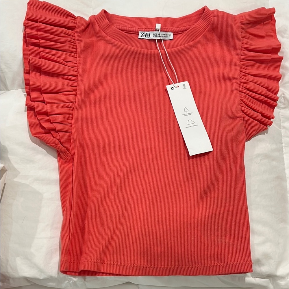 Zara Coral Ruffle Sleeve Top